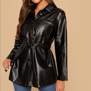 SHEIN Button Front Belted Leather Coat